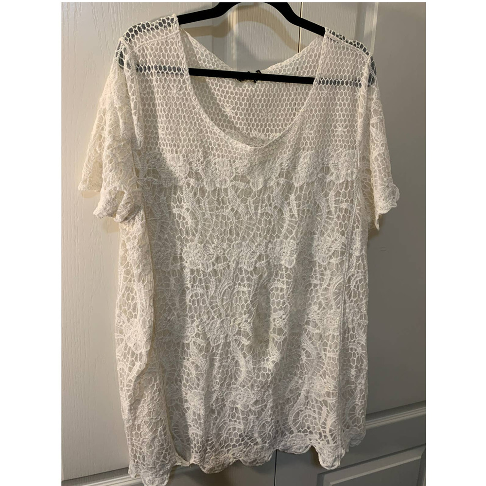 CAL STYLE USA Cream Sheer Scalloped Lace Top Embroidered Floral Nylon Womens 2XL